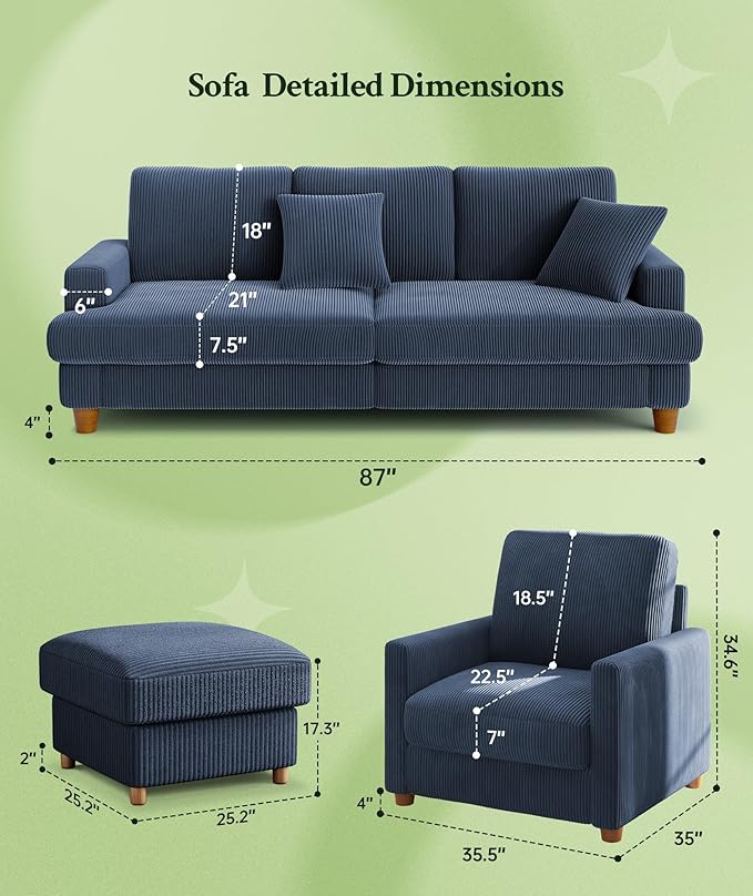Welzona 87.2" Couches for Living Room, Comfy Sofa Set Tool-Free Setup, Corduroy Couch Set 7.5" Thicker Cushion, Accent Chair with Ottoman 848lbs Support, Sofas for Living Room Home Office, Blue