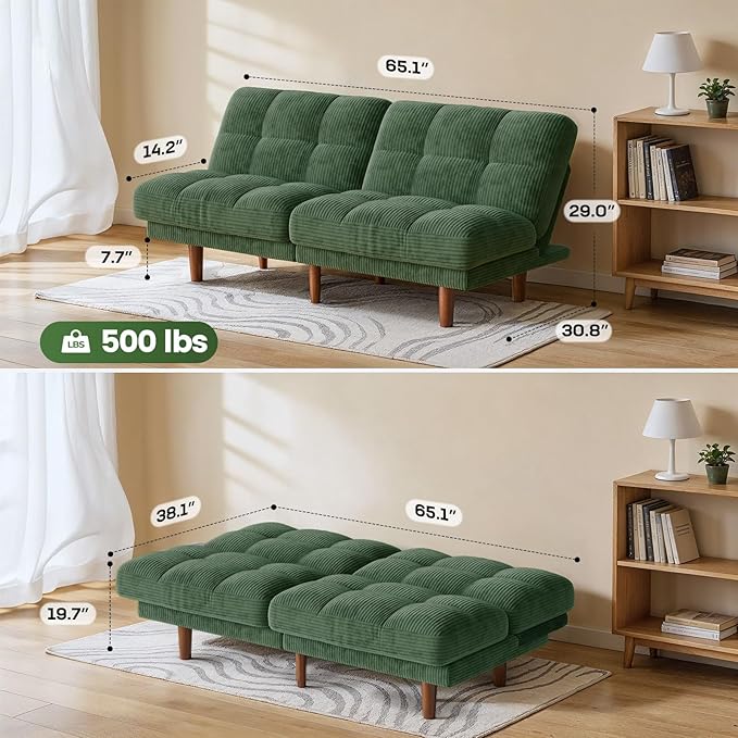 Marsail 65" Futon Sofa Bed, Convertible Small Recliner Sleeper Sofa Bed with Adjustable Backrest, Corduroy Loveseat Futon Couch for Small Apartments, Living Room Office, Guest Room (Green)
