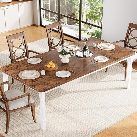Garvee Large Dining Table for 6-8 People, 79" Wooden Kitchen Table with Sturdy Metal Frame, Dining Room Table for Dining Room, Kitchen, White Leg & Retro