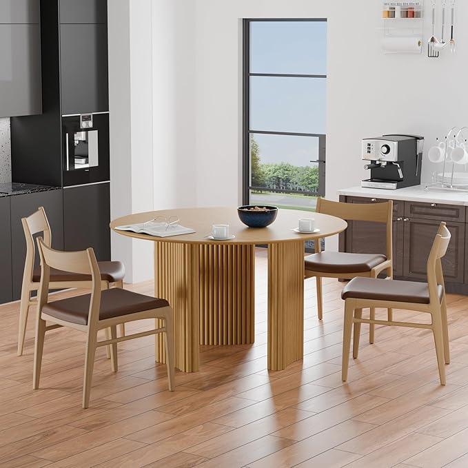 Casaphoria 46" Round Dining Table for 2-4, Farmhouse Style Small Table with Stripes Base, Easy Assembly for Living Room, Kitchen, Bar, Oak