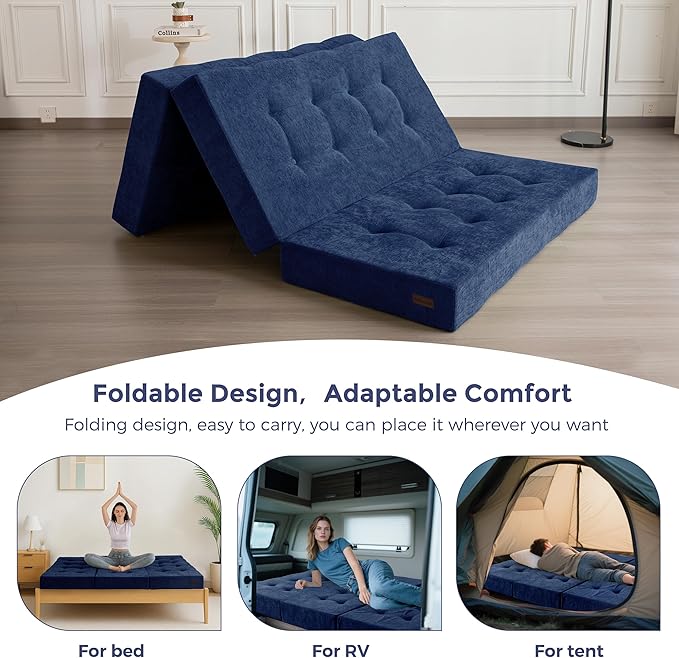 MAXYOYO Tri-Fold Mattress, 6 Inch Tufted Folding Mattress with Chenille Fabric, Portable Queen Size Floor Guest Mat for Adults, Foldable Topper for Camping, Navy