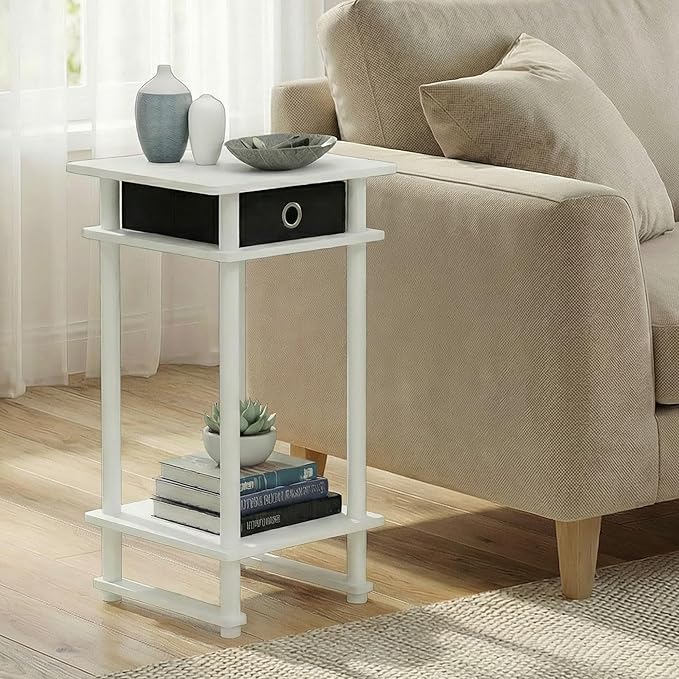 Furinno Turn-N-Tube Side Table, 3-Tier Tall Narrow Modern End Table with Storage Bin, Open Shelf Night Stand, Bedside Table, Toolless Assembly, for Living Room, Bedroom, White