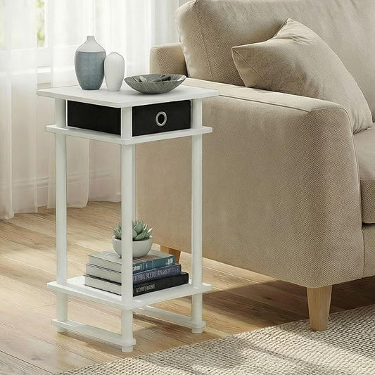 Furinno Turn-N-Tube Side Table, 3-Tier Tall Narrow Modern End Table with Storage Bin, Open Shelf Night Stand, Bedside Table, Toolless Assembly, for Living Room, Bedroom, White