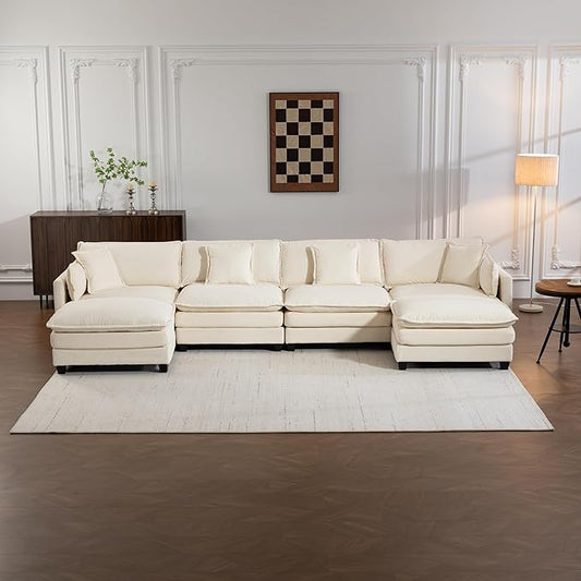 Eafurn 150" Oversized Modular Sectional Sofa with Movable Ottomans, 6 Seat Modern Corduroy Sofa Set, Convertible U/L Shaped Corner Couch for Living Room Apartment