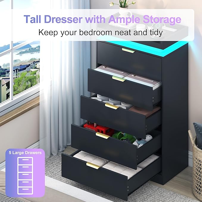 Tall Dresser for Bedroom, Black Dresser with LED Lights, Wood 5 Drawer Chest with Power Outlet, Modern Tall Chest of Drawers for Bedroom, Entryway, Hallway