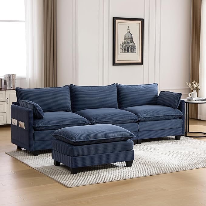 103" Oversized Modular Sectional Sofa Couch with Reversible Ottoman, Free Combination Convertible Corner Couch,Corduroy Upholstered Cloud Sectional Couch with Side Pockets | Multiple Cushions, DIY Combination, Removable Cover