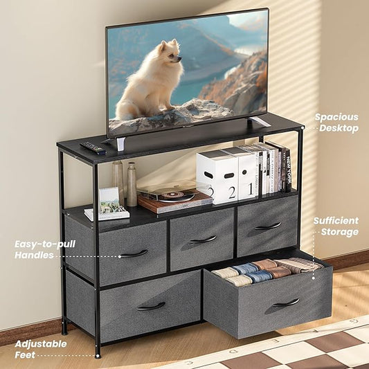 NEWBULIG 5 Drawer TV Stand with Wood Top, Entertainment Center for 45 inch TVs & Fabric Storage Organizer, Adjustable Feet, for Bedroom & Living Room,Grey02