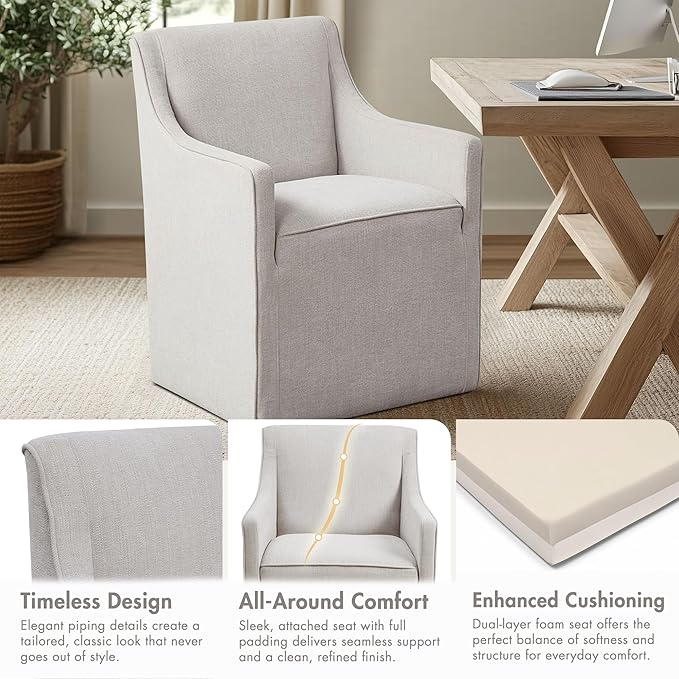 Madison Park Charlotte Dining Chair with Hidden Casters, Accent Chair 20" Thick Seat Cushion, Upholstered, Padded, Modern Farmhouse Dining Chair Side Chair, Fully Assembled Chair 34" H Grey