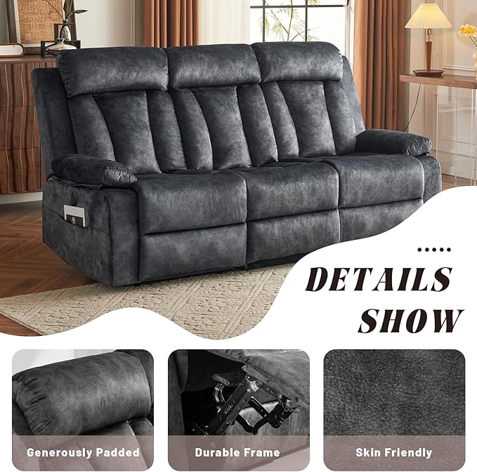 Electric Power Reclining Sofa w/Flipped Middle Backrest & Cup Holders, Power Recliner Couch w/Massage & Heat, Spacious 3-Seater Couch for Living Room Comfort (Gray)