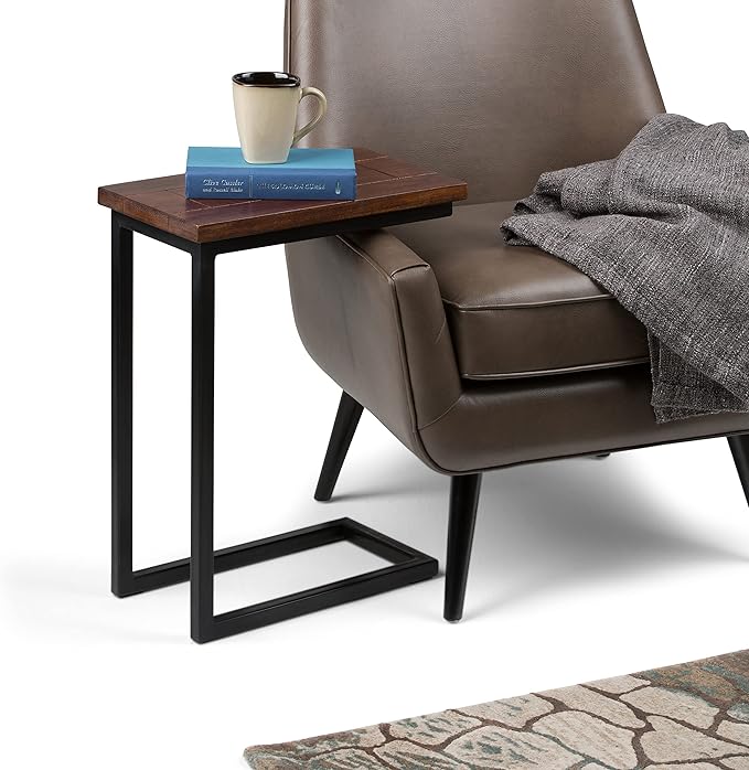 SIMPLIHOME Skyler C-Side Table - 18" Wide x 24" High Solid Mango Wood and Metal Slide-Under Table in Dark Cognac Brown, Industrial Accent Table or End Table for Living Room with Open Frame, Assembled