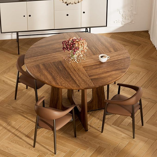 47" Round Dining Table for 4-6, Farmhouse Wood Kitchen Table, Mid-Century Wooden Circle Dinner Room Table Easy Assembly for Dining Room, Kitchen, Living Room (Walnut Wood)