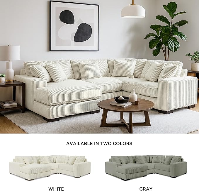 Signature Design by Ashley Lindyn Contemporary Right-Arm Facing 4-Piece Sectional with Chaise, Reversible Cushions, Armrest and Throw Pillows, White