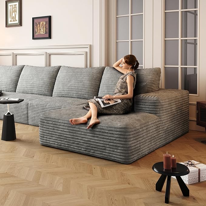 135" U Shaped Boneless Couch with Ottoman, Convertible Sleeper Compression Sofa, Corduroy Couch Sectional for Living Room Bedroom, Deep Seat Foam Cloud Sofas No Assembly, Right Facing Chaise, Grey
