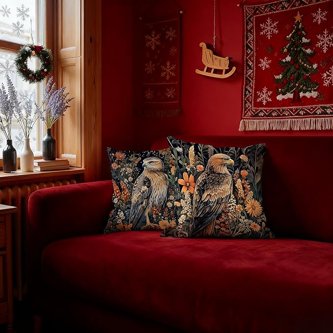 William Morris Inspired-Vintage Floral Hawk Bird Pillow Covers 18x18 Set of 2, Dark Cottagecore Academia Mid Century Botanical Eagle Bird Decor Pillow Covers for Home Living Room Bedroom