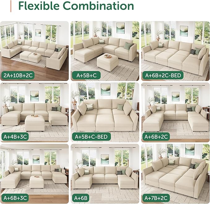 HONBAY Modular Sectional Sofa Sleeper Couch with Storage Modular Couch Convertible Couches for Living Room - Beige
