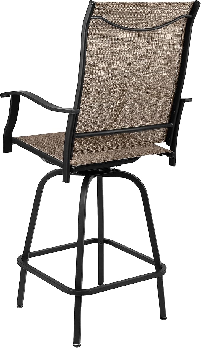 Flash Furniture Valerie Patio Bar Height Stools Set of 2, All-Weather Textilene Swivel Patio Stools with High Back & Armrests in Brown