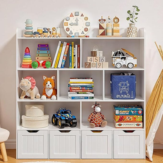 Gizoon Toy Storage Cabinet and Kids Bookcase with 4 Movable Drawers and 8 Open Shelves Toy Chest Shelf Organizer with Hidden Wheels for Playroom Nursery Kids Room, White