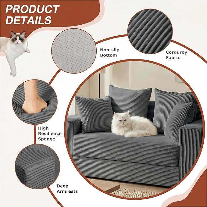 Convertible 5 in 1 Futon Sofa Bed Full Size, Corduroy Boneless Couch Sleeper Sofa with 4 Pillows, Foldable Pull Out Loveseat Floor Mattress for Living Room, Apartment, Small Space & Dorm