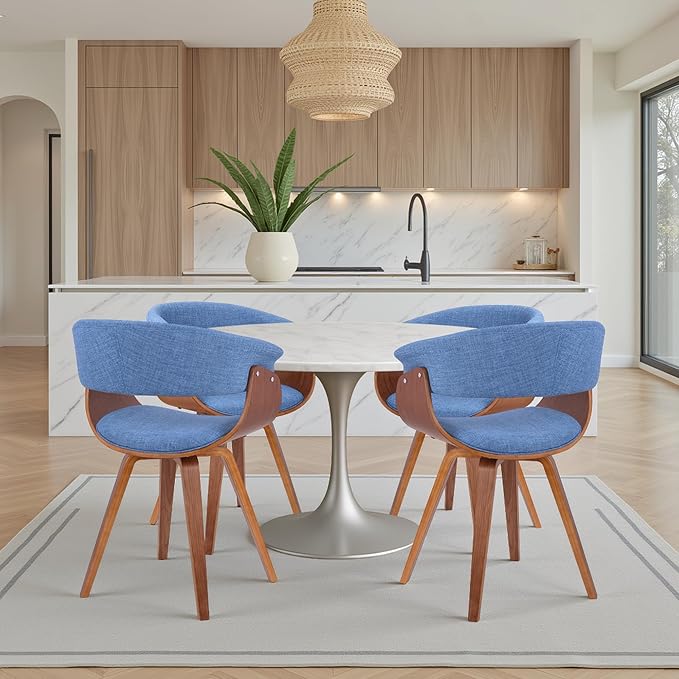 Armen Living Summer Mid-Century Chair in Blue Fabric with Walnut Wood Finish - Set of 4