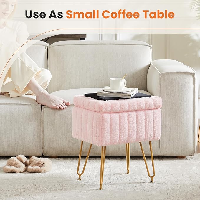DUMOS Vanity Stool Chair, Ottoman with Storage, Makeup Cute Soft Small Footstool, Modern Style Faux Fur Seat with 4 Metal Legs & Adjustable Feet for Dressing, Living Room, Bedroom, Dorm, Pink