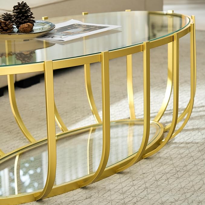 Saint Mossi Glass Oavl Coffee Table for Living Room, Modern 2-Tier Gold Center Table, Clear Glass Top with Gold Finish Legs & Frame