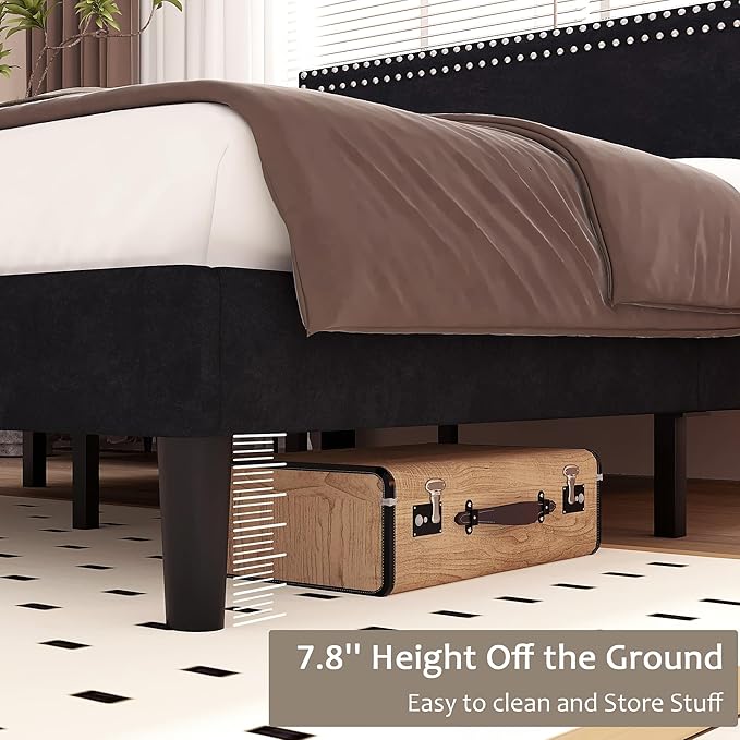 Full Size Platform Bed Frame with Adjustable Upholstered Headboard, Modern Mattress Foundation,Strong Wood Slat Support, No Box Spring Needed, Easy Assembly