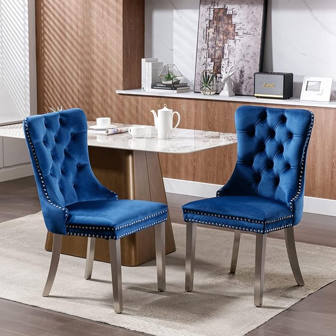 Solid Wood Dining Chair with Nailhead Trim,Velvet Upholstered W/Chrome Stainless Steel Plating Legs,Set of 2,for Living Room,Apartemnt,Blue and Chrome