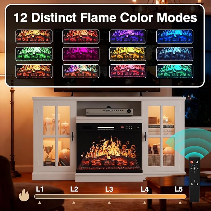 YESHOMY Glass Fireplace TV Stand for Televisions up to 65", Media Entertainment Center Console Table with Led Lights, White Wash