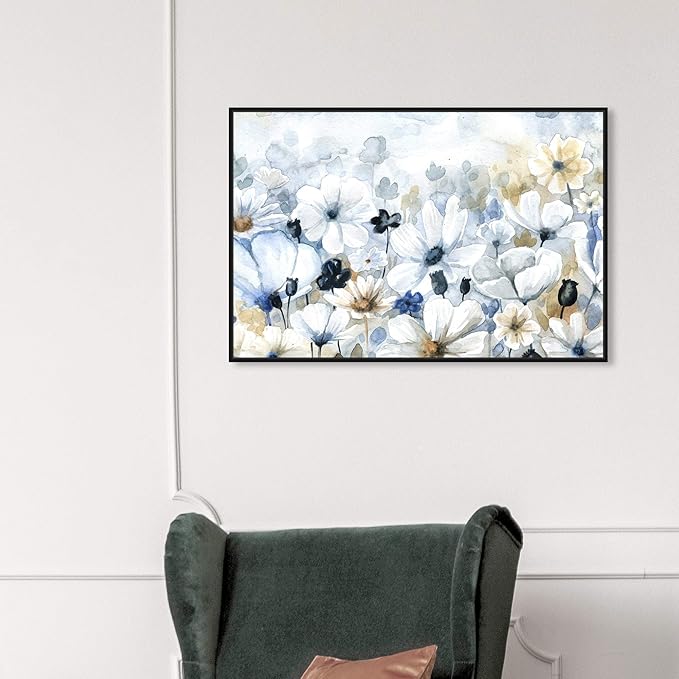 The Oliver Gal Artist Co. Floral and Botanical Wall Art Framed Canvas Prints 'Fields Flowers Home Décor, 36" x 24", Blue, White