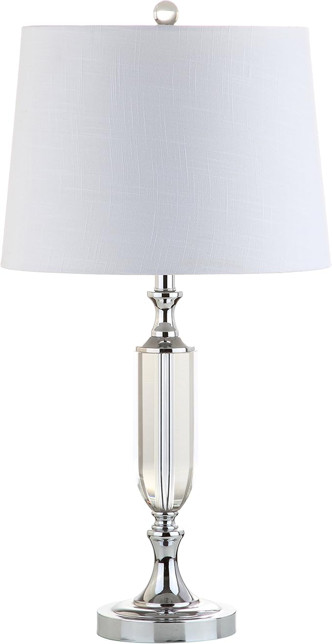 JONATHAN Y 27" Clear Fluted Crystal LED Table Lamp, Glam Traditional Chrome Bedside Lamp for Living Room Bedroom, White Linen Empire Shade, LED Bulb Included JYL2046A