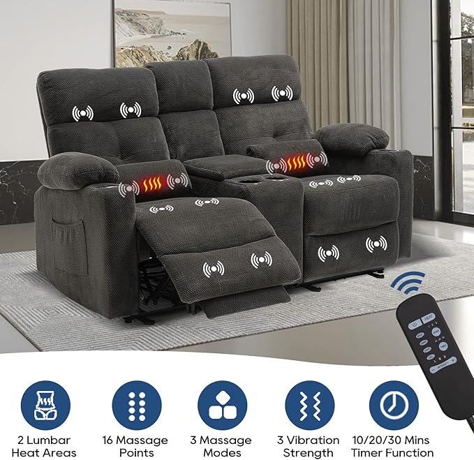 68'' RV Power Reclining Loveseat with Heat and Massage| RV Loveseat Recliner Sofa with Console| Double Reclining Couch with Cup Holder | Loveseat ReclinerTheater Seating(Fabric,Gray) | Double Seat, Electric Recliner