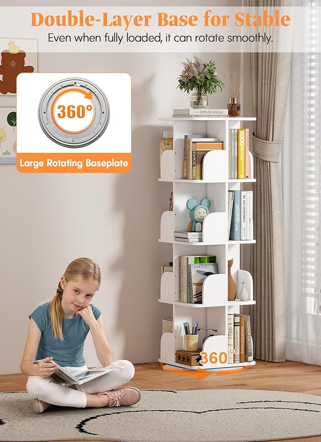 Rotating Bookshelf Tower, 4 Tier Spinning Square Bookshelf for Small Spaces, 360 Display Kids Bookshelves, Revolving Bookcase Floor Standing Storage Rack, White