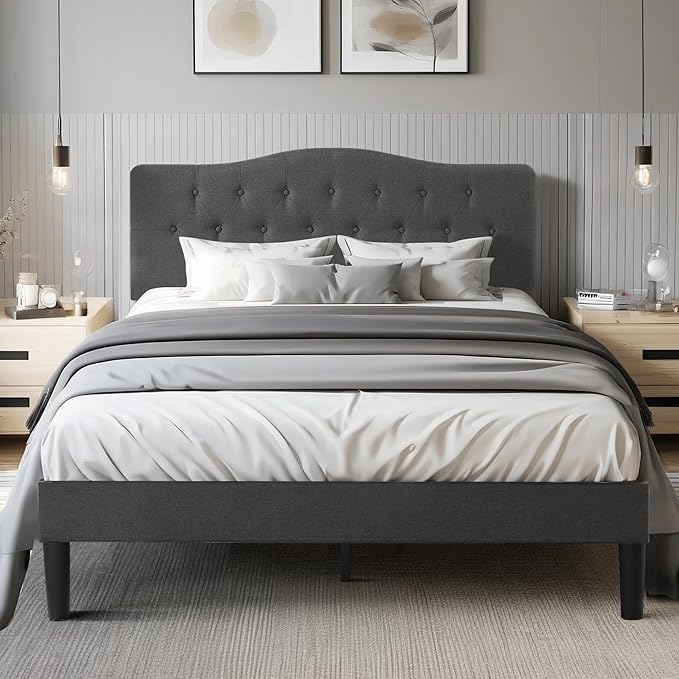 VECELO Full Size Bed Frame Upholstered Platform with Tufted Adjustable Headboard/Mattress Foundation Wood Slat Support/Easy Assembly,Grey