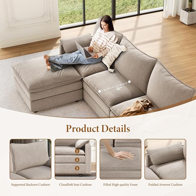 Vesgantti 142" Cloud Couch Sectional Modular Sofa, Comfy Sectional Couch with Ottoman Deep Seat Chenille L Shaped Sofa, Modular Couches for Living Room, Bedroom and Apartment, Light Brown | Sink-in Comfort, Height Adjustable, Easy Rearrangement, Extra-...