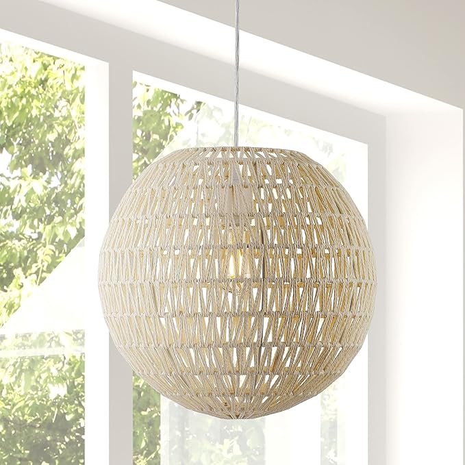 JONATHAN Y 15.75" Cream/White 1-Light Modern Bohemian Woven LED Pendant Light, Adjustable Hanging Ceiling Lamp for Kitchen Island Dining Room, Paper Wicker Shade, Bulb Included (JYL6503B)