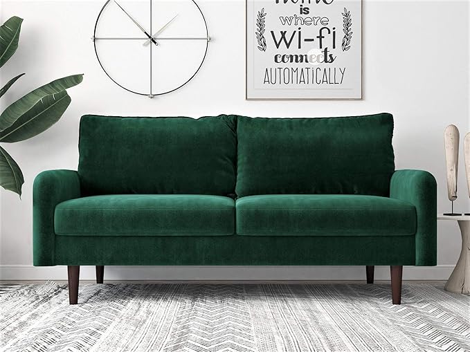 Container Furniture Direct Americus Velvet Upholstered Sofa and Loveseat Set, Couches for Living Room with Luxurious Mid Century Modern Design and Wooden Base, 2 Piece, Green