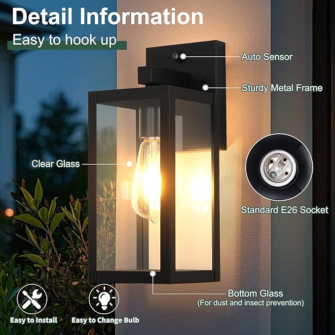 Dawn to Dusk Outdoor Sensor Light Fixture Waterproof Porch Lights Anti-Rust Exterior Wall Lighting Outdoor Wall Lantern for Patio Front Door Garage House