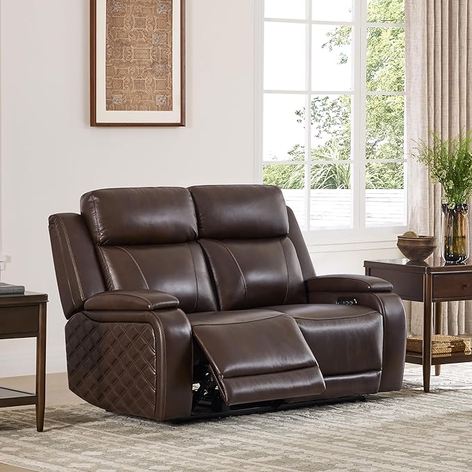 Watson & Whitely Genuine Leather Power Loveseat Recliner Sofa, Zero Gravity Reclining Loveseat with Power Headrest & Hidden Storage, Charging Ports, Dual Recliner Sofas for Living Room, Dark Brown
