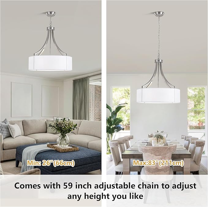 20" Modern Nickel Farmhouse Drum Chandeliers for Dining Room, 6-Light Rustic Drum Pendant Light with White Fabric Shade, Hanging Light Fixture for Living Room Bedroom Foyer Kitchen Island Entryway