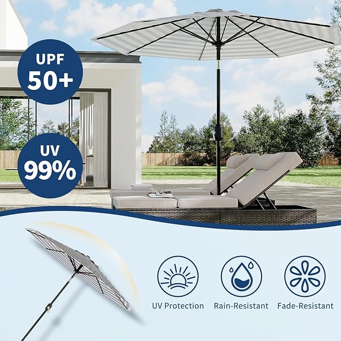 GarveeLife 10FT Patio Umbrella Outdoor, Table Umbrella with Push Button Tilt and Crank, 8 Sturdy Ribs UV Protection Waterproof for Garden, Pool, Market, Deck (Black & White Stripe)