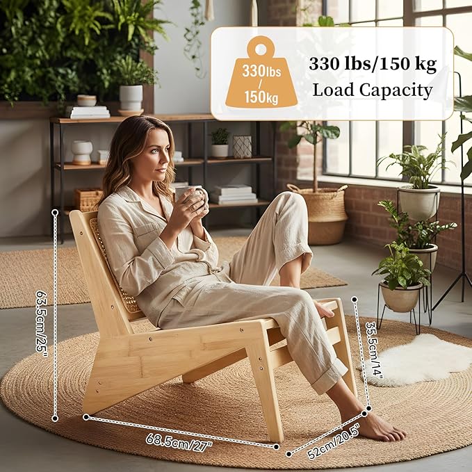 Rattan Accent Chair for Living Room, Mid Century Side Chair, Comfy Bamboo Chairs for Bedroom Reading Room, Wood