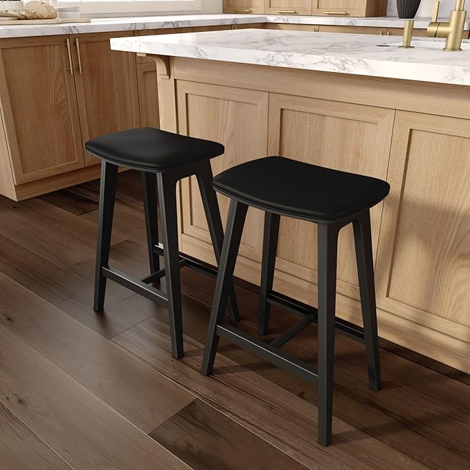 Plank+Beam Beryl Counter Height Stool - Mid-Century Modern Rubberwood Bar Stool with Faux Leather Seat, Metal Footrest, Easy Assembly, 4-Pack, Black/Black