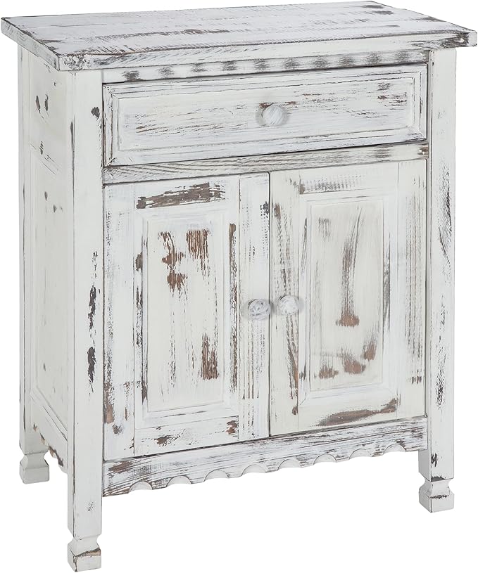 Alaterre Furniture Country Cottage Accent Cabinet with Drawer, Adjustable Shelf & 2 Doors – Modern Farmhouse Sideboard Buffet Storage Cabinet for Living Room, Dining Room or Entryway (White Antique)