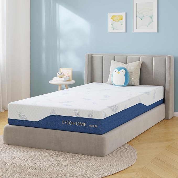 EGOHOME Medium Twin Mattress 10 Inch Memory Foam Mattresses Bed in a Box with Gel Foam and Removeable Fiberglass Free Cover for Cool Sleep and Back Pain Relief, CertiPUR-US Certified, Blue