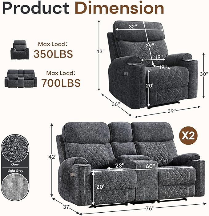 HAOMARKETS 3-Piece Recliner Sofa Set with Charging Port, Include Power Recliner Chair and 2 Electric 2-Seater Loveseat Reclining Couches with Hidden Storage and Cup Holders for Living Room, Dark Grey