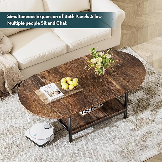SAYGOER Folding Coffee Table for Living Room, Small Coffee Tables with 2-Tier Storage, Mid Century Modern Center Table for Small Space, Oval Farmhouse Table Square, Dark Brown