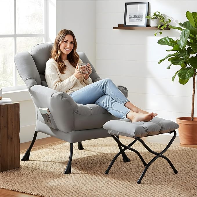 Lazy Chair with Ottoman, Modern Lounge Chair with Lumbar Pillow, Accent Cozy Reading Armchair and Folding Footstool for Bedroom, Dorm, Living Room,Light Grey