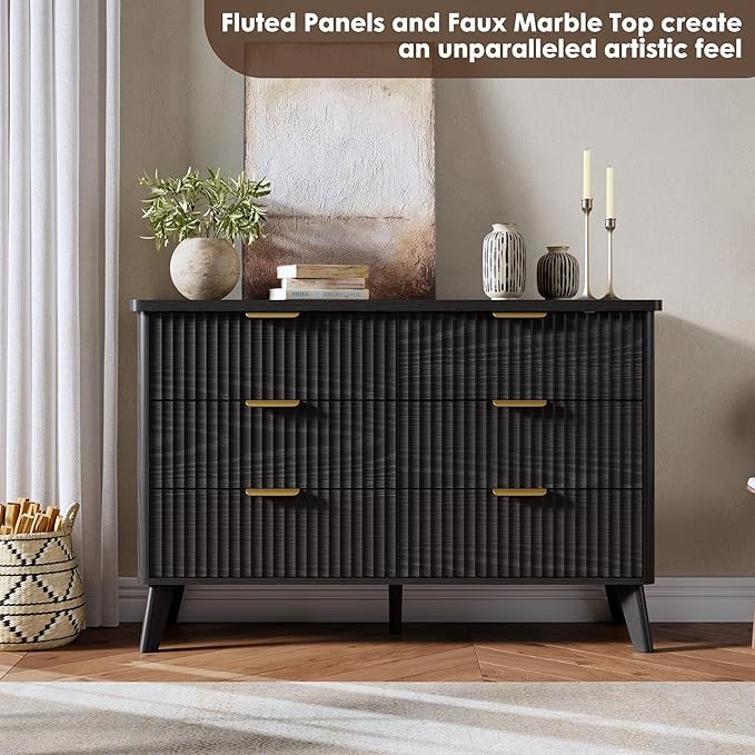 Garvee 6 Drawers Dresser for Bedroom, 47.2" Wide Dressers with Curved Profile Design, Fluted Wood Drawers with Gold Handle, Modern Chest of Dressers with Thickened Design for Living Room, Black
