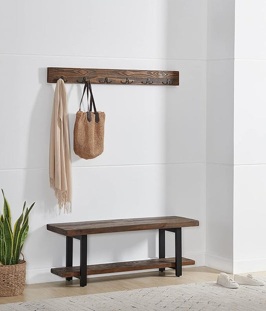 Alaterre Furniture Pomona Entryway Organizer – Modern Rustic 48-Inch Solid Wood Bench & Wall Mounted Coat Hook Set – Space-Saving Mudroom & Hallway Storage for Jackets, Bags & Shoes (Rustic Brown)