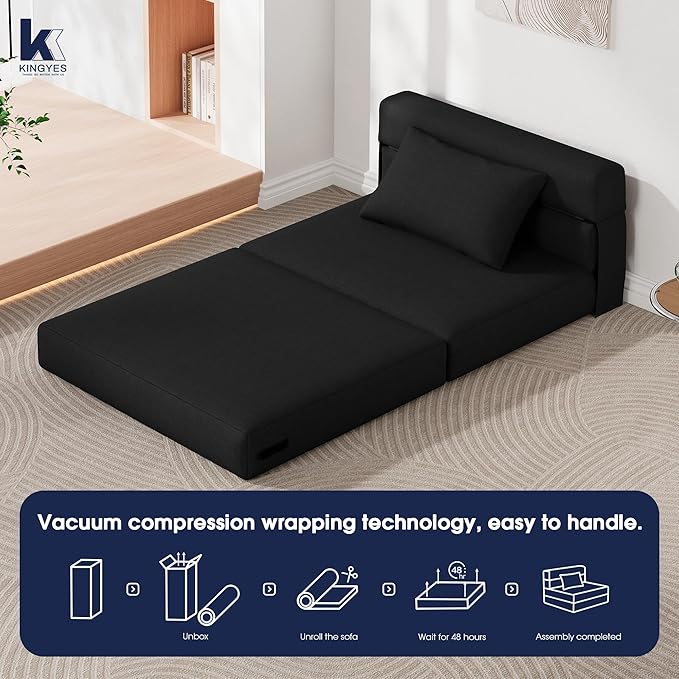 KINGYES 3 in 1 Foldable Chair Bed, Folding Sleeper Chair with Back Cushion, Convertible Chair Bed Sleeper for Adults, Black